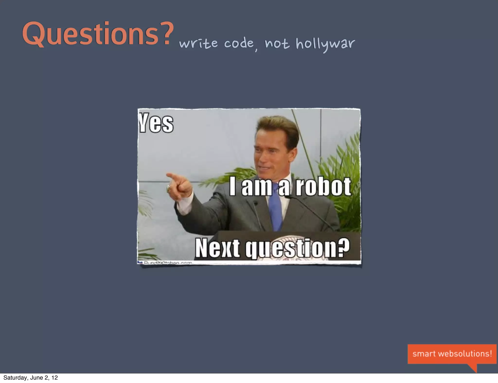  stuff
                              • I’m not a framework junkie

                              • I want to customize, not rewrite

                              • Clean codebase (20 python modules)

                              • Aware of django.contrib.admin, django.form, etc.

                              • Lack of ORM functionality

                                             ✓ I don’t like to write raw SQL
                                             ✓ I need composite keys
                                             ✓ I want to optimize for a DB backend (we are
                                               on PostgreSQL)




Saturday, June 2, 12
 