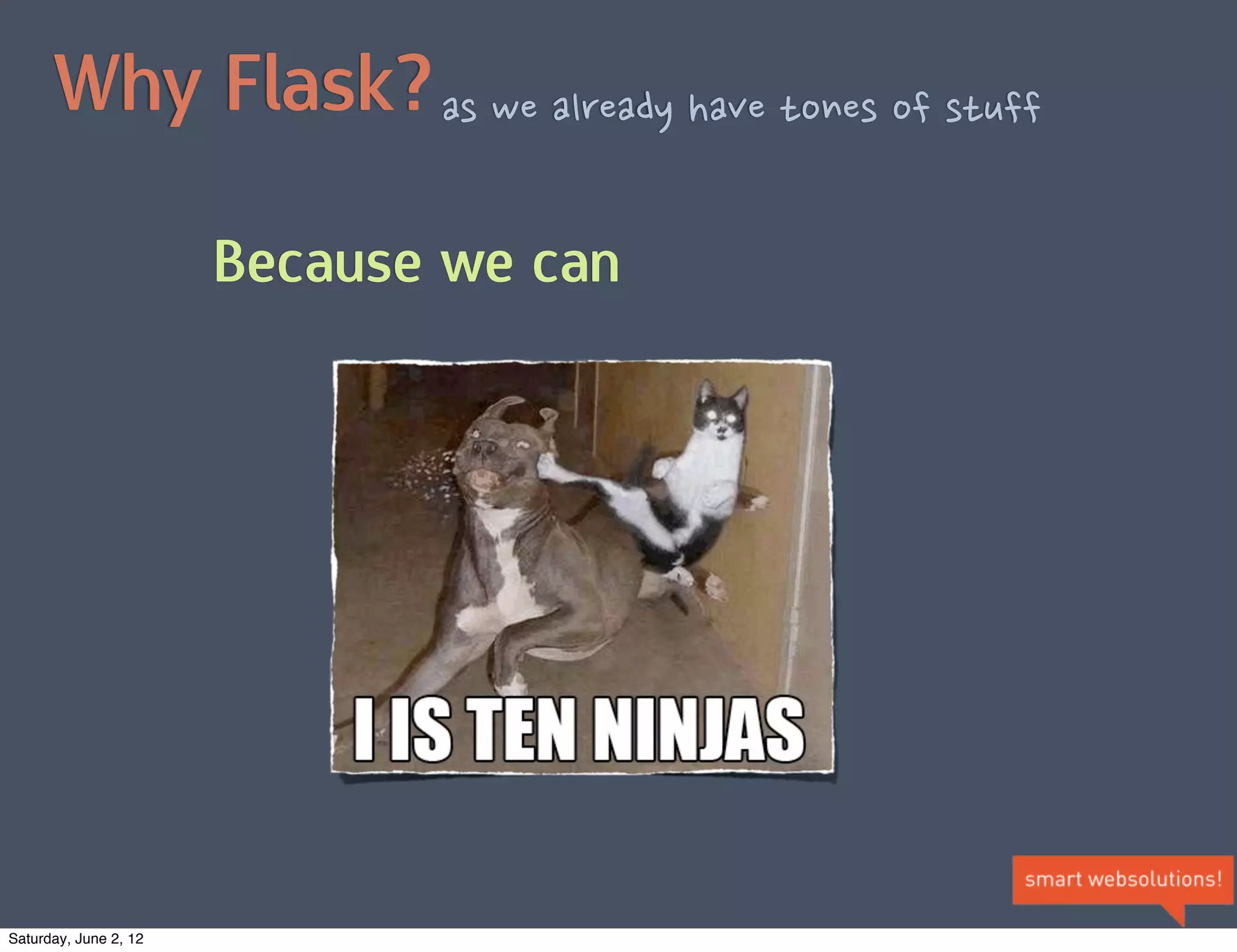  pieces

                            • Representative state transfer

                            • Hypertext transfer protocol:
                                     ✓ URL endpoint as resource address

                                     ✓ Content-Type

                                     ✓ Status codes

                            • The Web is REST




Saturday, June 2, 12
 