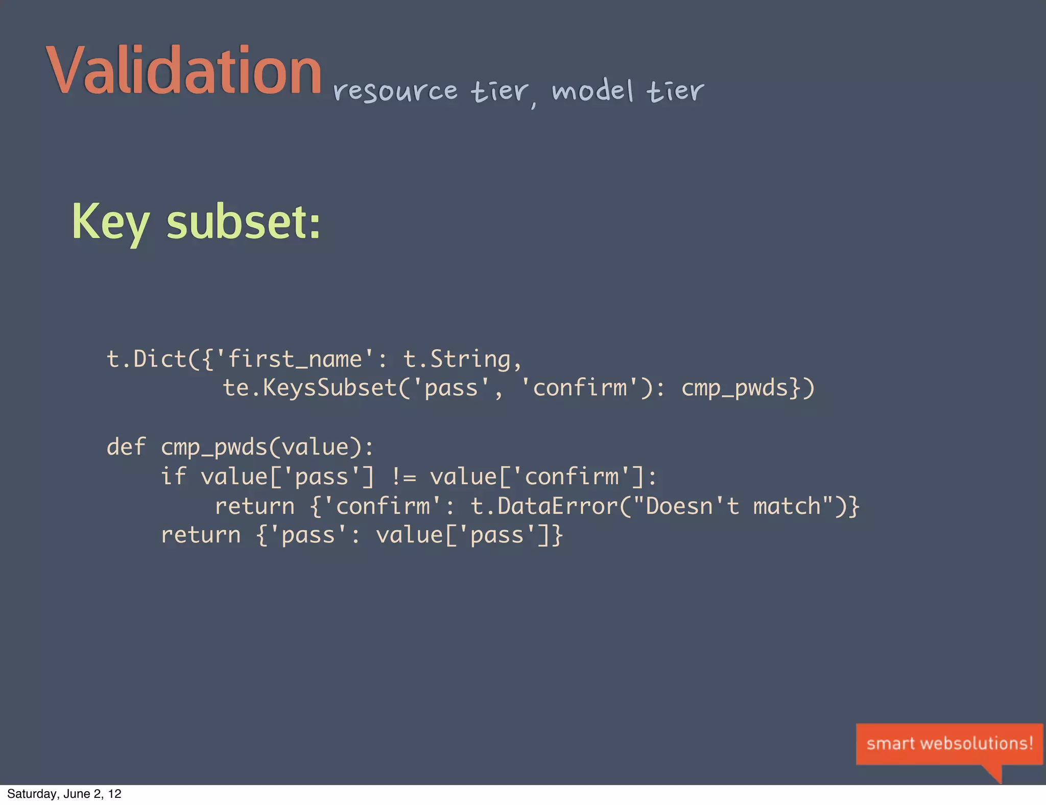  pieces

                              Web Front                       Mobile client



                                                        API



                                                       Backends


Saturday, June 2, 12
 