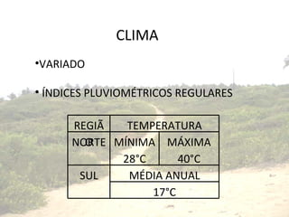 CLIMA VARIADO ÍNDICES PLUVIOMÉTRICOS REGULARES REGIÃO TEMPERATURA NORTE MÍNIMA 28°C MÁXIMA 40°C SUL MÉDIA ANUAL 17°C 