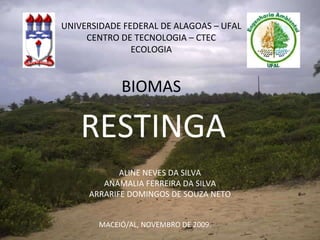 UNIVERSIDADE FEDERAL DE ALAGOAS – UFAL CENTRO DE TECNOLOGIA – CTEC ECOLOGIA BIOMAS RESTINGA ALINE NEVES DA SILVA ANAMALIA FERREIRA DA SILVA ARRARIFE DOMINGOS DE SOUZA NETO MACEIÓ/AL, NOVEMBRO DE 2009. 
