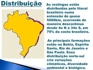 As restingas estão
distribuídas pelo litoral
brasileiro numa
extensão de quase
5000km, ocorrendo de
maneira descontínua
desde 4o N a 34o S, em
79% da costa brasileira.

As principais formações
estão na Bahia, Espírito
Santo, Rio de Janeiro e
São Paulo. Essa
distribuição norte-sul
cria variações
climáticas, diversidade
ambiental e biológica.
 