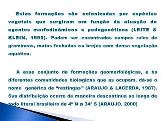 Estas formações são colonizadas por espécies
vegetais que surgiram em função da atuação de
agentes morfodinâmicos e pedogenéticos (LEITE &
KLEIN, 1990). Podem ser encontrados campos ralos de
gramíneas, matas fechadas ou brejos com densa vegetação
aquática.



   A esse conjunto de formações geomorfológicas, e às
diferentes comunidades biológicas que as ocupam, dá-se o
nome genérico de “restingas” (ARAUJO & LACERDA, 1987).
Sua distribuição ocorre de maneira descontínua ao longo de
todo litoral brasileiro de 4º N a 34º S (ARAUJO, 2000)
 