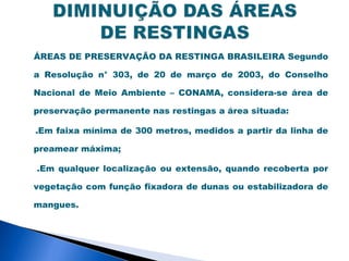 ÁREAS DE PRESERVAÇÃO DA RESTINGA BRASILEIRA Segundo

a Resolução n° 303, de 20 de março de 2003, do Conselho

Nacional de Meio Ambiente – CONAMA, considera-se área de

preservação permanente nas restingas a área situada:

.Em faixa mínima de 300 metros, medidos a partir da linha de

preamear máxima;

.Em qualquer localização ou extensão, quando recoberta por

vegetação com função fixadora de dunas ou estabilizadora de

mangues.
 