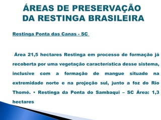 Restinga Ponta das Canas - SC



Área 21,5 hectares Restinga em processo de formação já

recoberta por uma vegetação característica desse sistema,

inclusive   com   a   formação   de   mangue   situado   na

extremidade norte e na projeção sul, junto a foz do Rio

Thomé. • Restinga da Ponta do Sambaqui – SC Área: 1,3

hectares
 