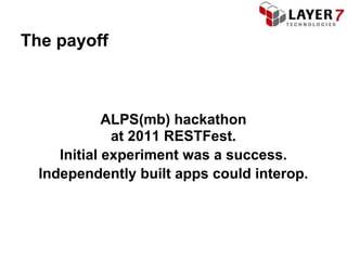 The payoff



             ALPS(mb) hackathon
              at 2011 RESTFest.
     Initial experiment was a success.
  Independently built apps could interop.
 