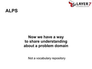 ALPS




         Now we have a way
       to share understanding
       about a problem domain


         Not a vocabulary repository
 