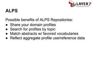 ALPS
Possible benefits of ALPS Repositories:
● Share your domain profiles
● Search for profiles by topic
● Match abstracts w/ favored vocabularies
● Reflect aggregate profile use/reference data
 