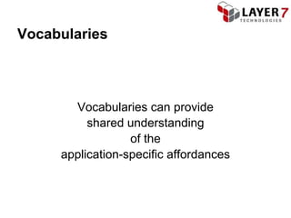 Vocabularies



       Vocabularies can provide
          shared understanding
                  of the
     application-specific affordances
 