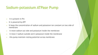 Sodium-potassium ATPase Pump
 It is present in Pm
 It is powered by ATP
 It keep the concentration of sodium and potassium ion constant on two side of
membrane
 it move sodium out side and potassium inside the membrane
 it move 3 sodium outside and 2 potassium inside the membrane
 this pump maintain resting potential across membrane
 