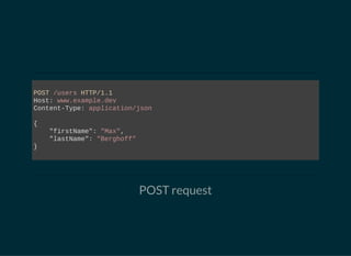 POST /users HTTP/1.1
Host: www.example.dev
Content­Type: application/json
{
    "firstName": "Max",
    "lastName": "Berghoff"
}
                        
POST request
 