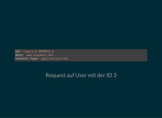GET /users/3 HTTP/1.1
Host: www.expamle.dev
Content­Type: application/xml
Request auf User mit der ID 3
 