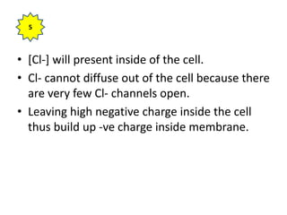 • [Cl-] will present inside of the cell.
• Cl- cannot diffuse out of the cell because there
are very few Cl- channels open.
• Leaving high negative charge inside the cell
thus build up -ve charge inside membrane.
5
 