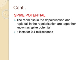 Cont..
SPIKE POTENTIAL
 The rapid rise in the depolarisation and
rapid fall in the repolarisation are togeather
known as spike potential.
 It lasts for 0.4 milliseconds
 