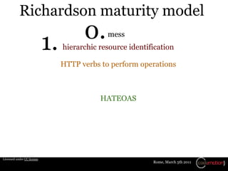 Richardson maturity model

                            1.         0.     mess
                                 hierarchic resource identification

                                 HTTP verbs to perform operations



                                            HATEOAS




Licensed under CC license
                                                            Rome, March 5th 2011
 