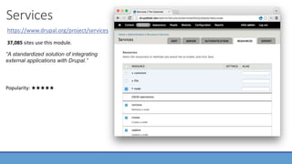 Services
https://www.drupal.org/project/services
“A standardized solution of integrating
external applications with Drupal.”
37,085 sites use this module.
Popularity: ★★★★★
 