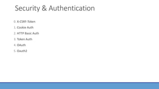 Security & Authentication
0. X-CSRF-Token
1. Cookie Auth
2. HTTP Basic Auth
3. Token Auth
4. OAuth
5. Oauth2
 