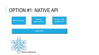 OPTION #1: NATIVE API
Web Browser
Mobile
Application
Server-side
Application
JSON RPC
Bitcoin Network
 