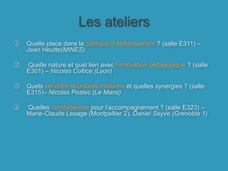 Les ateliersQuelle place dans la politique d’établissement ? (salle E311) – Jean Heutte(MINES) Quelle nature et quel lien avec l’innovation pédagogique ? (salle E301) – Nicolas Coltice (Lyon)Quels services-structures-missions et quelles synergies ? (salle E315)– Nicolas Postec (Le Mans) Quelles compétences pour l’accompagnement ? (salle E323) – Marie-Claude Lesage (Montpellier 2), Daniel Seyve (Grenoble 1)