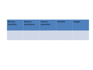 Besoins      Besoins        Acteurs      Activités   budget
identifiés   prioritaires   potentiels
 