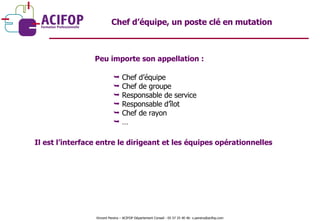 Chef d’équipe Chef de groupe Responsable de service Responsable d’îlot Chef de rayon … Chef d’équipe, un poste clé en mutation Peu importe son appellation : Il est l’interface entre le dirigeant et les équipes opérationnelles Vincent Pereira – ACIFOP Département Conseil - 05 57 25 40 46- v.pereira@acifop.com  