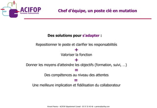 Chef d’équipe, un poste clé en mutation Des solutions pour  s’adapter  : Repositionner le poste et clarifier les responsabilités + Valoriser la fonction + Donner les moyens d’atteindre les objectifs (formation, suivi, …) = Des compétences au niveau des attentes =   Une meilleure implication et fidélisation du collaborateur Vincent Pereira – ACIFOP Département Conseil - 05 57 25 40 46- v.pereira@acifop.com  