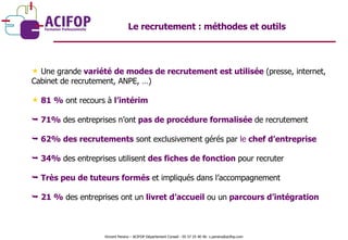 Le recrutement : méthodes et outils Une grande  variété de modes de recrutement est utilisée  (presse, internet,  Cabinet de recrutement, ANPE, …) 81 %  ont recours à  l’intérim 71%  des entreprises n’ont  pas de procédure formalisée  de recrutement 62% des recrutements   sont exclusivement gérés par  le  chef d’entreprise 34%  des entreprises utilisent  des fiches de fonction  pour recruter Très peu de tuteurs formés  et impliqués dans l’accompagnement 21 %  des entreprises ont un  livret d’accueil  ou un  parcours d’intégration Vincent Pereira – ACIFOP Département Conseil - 05 57 25 40 46- v.pereira@acifop.com  