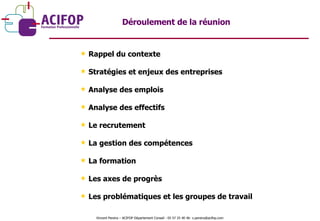 Déroulement de la réunion Rappel du contexte Stratégies et enjeux des entreprises Analyse des emplois Analyse des effectifs Le recrutement La gestion des compétences La formation Les axes de progrès Les problématiques et les groupes de travail Vincent Pereira – ACIFOP Département Conseil - 05 57 25 40 46- v.pereira@acifop.com  