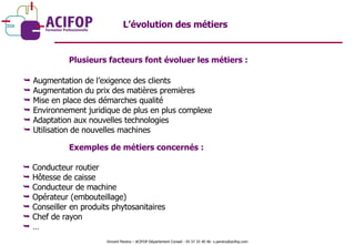 Plusieurs facteurs font évoluer les métiers : Augmentation de l’exigence des clients Augmentation du prix des matières premières Mise en place des démarches qualité Environnement juridique de plus en plus complexe Adaptation aux nouvelles technologies Utilisation de nouvelles machines L’évolution des métiers Exemples de métiers concernés : Conducteur routier Hôtesse de caisse Conducteur de machine Opérateur (embouteillage) Conseiller en produits phytosanitaires Chef de rayon … Vincent Pereira – ACIFOP Département Conseil - 05 57 25 40 46- v.pereira@acifop.com  