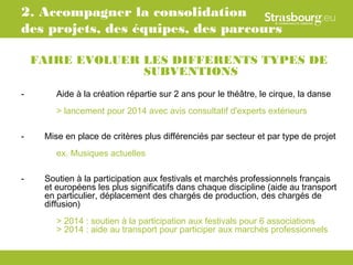 2. Accompagner la consolidation
des projets, des équipes, des parcours

    FAIRE EVOLUER LES DIFFERENTS TYPES DE
                  SUBVENTIONS
-       Aide à la création répartie sur 2 ans pour le théâtre, le cirque, la danse
        > lancement pour 2014 avec avis consultatif d'experts extérieurs

-    Mise en place de critères plus différenciés par secteur et par type de projet
        ex. Musiques actuelles

-    Soutien à la participation aux festivals et marchés professionnels français
     et européens les plus significatifs dans chaque discipline (aide au transport
     en particulier, déplacement des chargés de production, des chargés de
     diffusion)
        > 2014 : soutien à la participation aux festivals pour 6 associations
        > 2014 : aide au transport pour participer aux marchés professionnels
 
