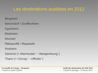 Les destinations auditées en 2012
   Bergheim
   Betschdorf / Soufflenheim
   Eguisheim
   Molsheim
   Munster
   Ribeauvillé / Riquewihr
   Rosheim
   Saverne (+ Marmoutier* - Wangenbourg*)
   Thann (+ Cernay* - Uffholtz*)


Gwenaëlle de Linage – Burguion              Audit des destinations de Noël 2012
Conseil et Audits Qualité                   Comité de pilotage – 11 février 2013
 