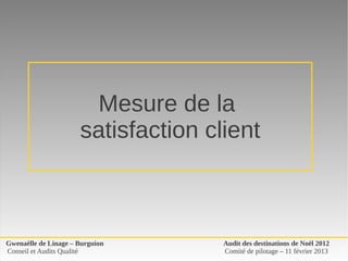 Mesure de la 
                      satisfaction client



Gwenaëlle de Linage – Burguion       Audit des destinations de Noël 2012
Conseil et Audits Qualité            Comité de pilotage – 11 février 2013
 