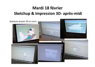 Mardi 18 février
Sketchup & Impression 3D‐ après‐midi
Quelques projets 3D en cours
 