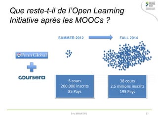 Que reste-t-il de l’Open Learning
Initiative après les MOOCs ?
5 cours
200.000 inscrits
85 Pays
38 cours
2,5 millions inscrits
195 Pays
Eric BRIANTAIS 17
 