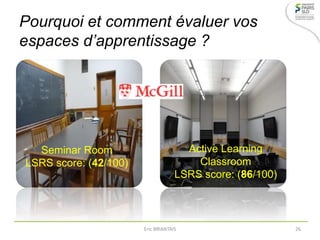 Pourquoi et comment évaluer vos
espaces d’apprentissage ?
Seminar Room
LSRS score: (42/100)
Active Learning
Classroom
LSRS score: (86/100)
Eric BRIANTAIS 26
 