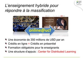 L’enseignement hybride pour
répondre à la massification
Une économie de 350 millions de USD par an
Crédits en ligne = Crédits en présentiel
Formation obligatoire pour le enseignants
Une structure d’appuis : Center for Distributed Learning
online@ucf
 