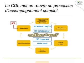 Le CDL met en œuvre un processus
d’accompagnement complet
30 millions USD/an
180 collaborateurs
ERP PeopleSoft
LMS Canvas
RITE
 