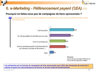 6. e-Marketing - Référencement payant (SEA) (2/2)
   Pourquoi ne faites-vous pas de campagnes de liens sponsorisés ?
           Le graphique ci-dessous concerne la totalité des entreprises qui ne font pas de la publicité en ligne via des
           liens sponsorisés.




                                                                                          Remarque :
                                                                                          somme des pourcentages différente de
                                                                                          100 du fait des réponses multiples.


  Les entreprises qui ne font pas de campagnes de liens sponsorisés sont à 82% des entreprises de moins de 3
  salariés et ayant une méconnaissance du service ou de son mode de fonctionnement.
 Enquête 2012                                                                                              25
 