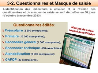 L’identification des indicateurs à calculer et la révision des
questionnaires et du masque de saisie se sont déroulées en ...