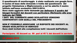 Il questionario di monitoraggio è stato realizzato con google form.
Il nucleo di base delle domande è tratto dal questionario del
progetto Valutazione e Miglioramento a cui ha aderito il nostro
istituto nell’anno scolastico 20013-2014.
Sono state aggiunte delle domande per delineare il quadro dei
bisogni formativi dei docenti con particolare riferimento alle aree
indicate dal PNSD.
I DATI DEL CORRENTE ANNO SCOLASTICO VENGONO
CONFRONTATI CON QUELLI DEL PRECEDENTE
NON E’ POSSIBILE ASSOCIARE LE RISPOSTE DEI DOCENTI AL
GRADO SCOLASTICO DI SERVIZIO
Sono stati invitati alla compilazione tutti i docenti dell’istituto
Partecipano 45 docenti su 99 pari al 45 % dei docenti in servizio
28 giugno 2016
 