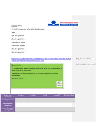 Closure: (4 min)
To finish the class, we will sing the Goodbye song.
Song:
Bye, bye, good bye.
Bye, bye, good bye.
I can clap my hands
I can stamp my feet
Bye, bye, good bye.
Bye, bye, good bye.
https://www.youtube.com/watch?v=PraN5ZoSjiY&utm_source=youtube.com&utm_medium
=short_domains&utm_campaign=ssyoutube.com
Lesson plan
component
Excellent
5
Very Good
4
Good
3
Acceptable
2
Below Standard
1
Visual organization x
Coherence and
sequencing
x
Variety of resources
– Learning styles
x
Querida familia:
En la clase de inglés seguimos trabajando las partes del cuerpo. Hoy los nenes crearon su
propio monstruo que llevan a casa.
Pueden ponerle un nombre y preguntarles que partes del cuerpo tiene. ¡Seguro los
sorprenderán!
Miss Gisela Restivo
Código de campo cambiado
Con formato: Inglés (Estados Unidos)
 