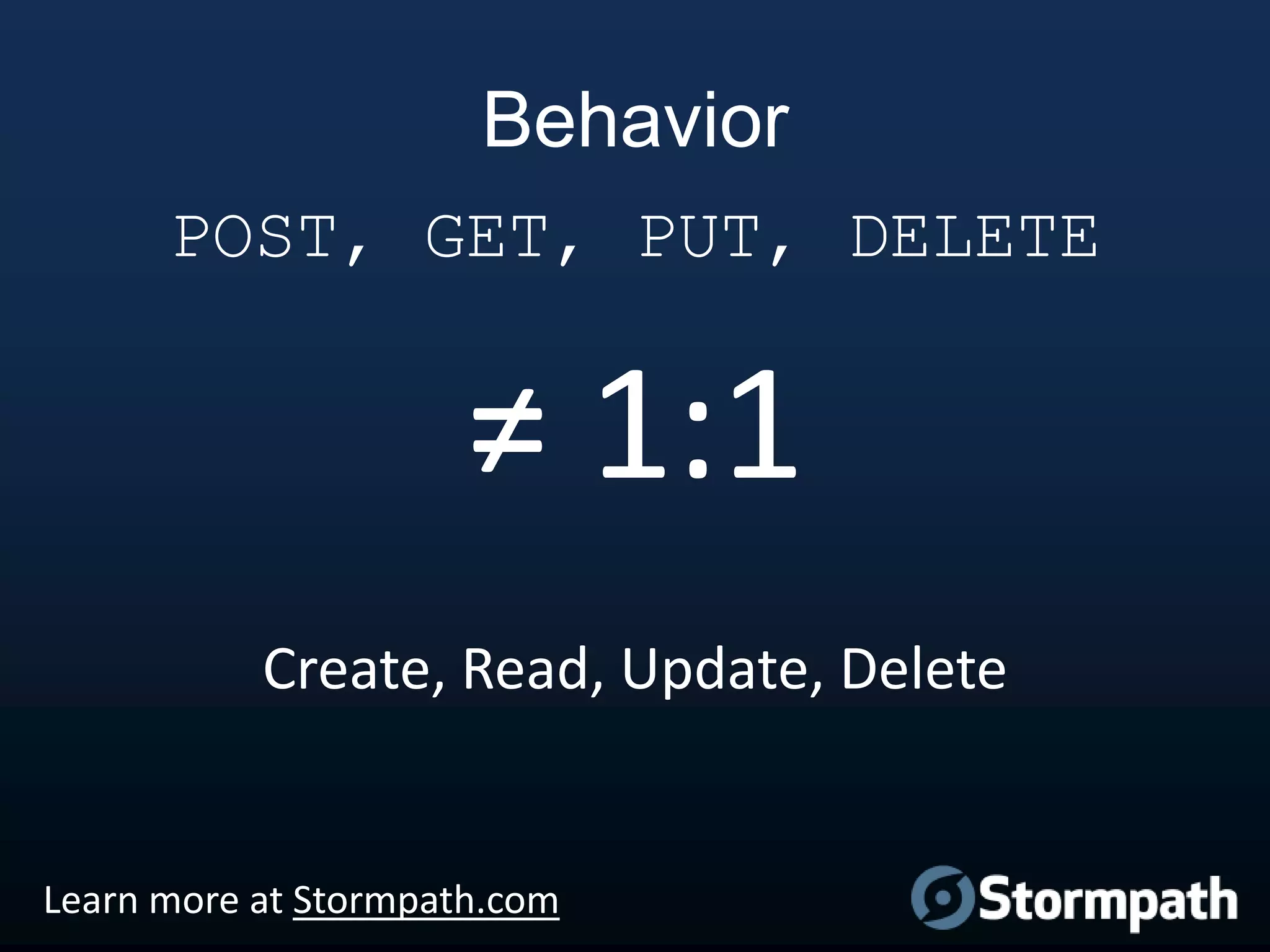 Behavior
POST, GET, PUT, DELETE

≠ 1:1
Create, Read, Update, Delete

Learn more at Stormpath.com

 
