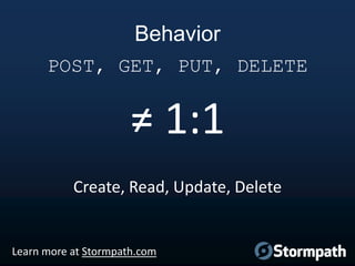 Behavior
POST, GET, PUT, DELETE

≠ 1:1
Create, Read, Update, Delete

Learn more at Stormpath.com

 