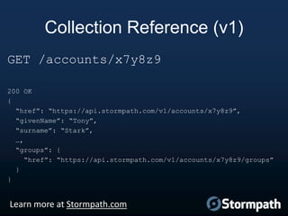 Collection Reference (v1)
GET /accounts/x7y8z9
200 OK
{
“href”: “https://api.stormpath.com/v1/accounts/x7y8z9”,
“givenName”: “Tony”,
“surname”: “Stark”,
…,
“groups”: {
“href”: “https://api.stormpath.com/v1/accounts/x7y8z9/groups”
}
}

Learn more at Stormpath.com

 