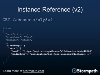 Instance Reference (v2)
GET /accounts/x7y8z9
200 OK
{
“meta”: { ... },
“givenName”: “Tony”,
“surname”: “Stark”,
…,
“directory”: {
“meta”: {
“href”: “https://api.stormpath.com/v1/directories/g4h5i6”
“mediaType”: “application/ion+json;version=2&schema=...”
}
}
}

Learn more at Stormpath.com

 