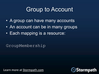 Group to Account
• A group can have many accounts
• An account can be in many groups
• Each mapping is a resource:
GroupMembership

Learn more at Stormpath.com

 