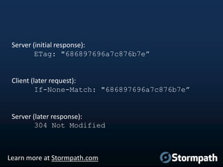 Server (initial response):
ETag: "686897696a7c876b7e”

Client (later request):
If-None-Match: "686897696a7c876b7e”

Server (later response):
304 Not Modified

Learn more at Stormpath.com

 