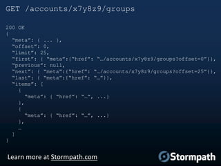 GET /accounts/x7y8z9/groups
200 OK
{
“meta”: { ... },
“offset”: 0,
“limit”: 25,
“first”: { “meta”:{“href”: “…/accounts/x7y...