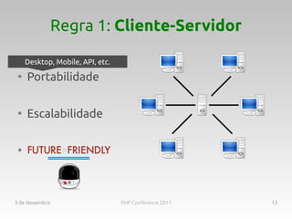 Regra 1: Cliente-Servidor

     Desktop, Mobile, API, etc.
 ●
     Portabilidade

 ●
     Escalabilidade

 ●




3 de Novembro                     PHP Conference 2011   13
 
