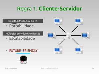 Regra 1: Cliente-Servidor

     Desktop, Mobile, API, etc.
 ●
     Portabilidade
Múltiplos servidores e clientes
 ●
     Escalabilidade

 ●




3 de Novembro                     PHP Conference 2011   14
 